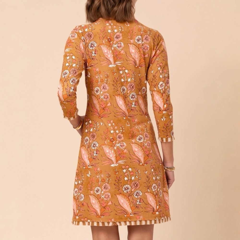 Spartina 449 Nora Half-Zip Fringe Dress Mercer House Woodblock Floral Brown XL - Picture 2 of 6